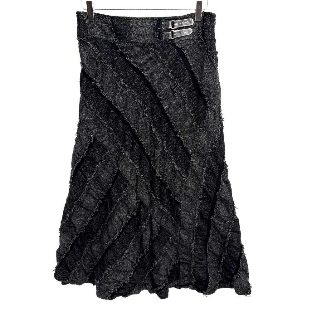 VTG Wool Blend Patchwork Midi Skirt Size 8 Grunge Goth Punk Fringe Gray Black